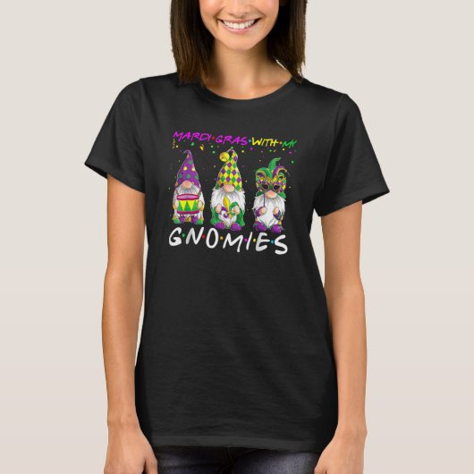 Mardi Gras With My Gnomies Three Gnome Mask Beads T-Shirt (Vorderseite)