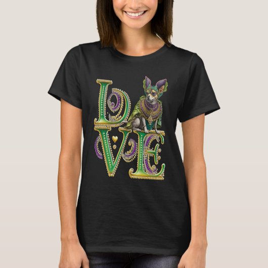 Mardi Gras Word LOVE Chihuahua Masquerade T-Shirt (Vorderseite)