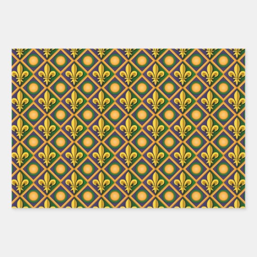 Mardi-Grasmuster mit goldenem Fleur-de-lis Geschenkpapier Set (Vorderseite 3)