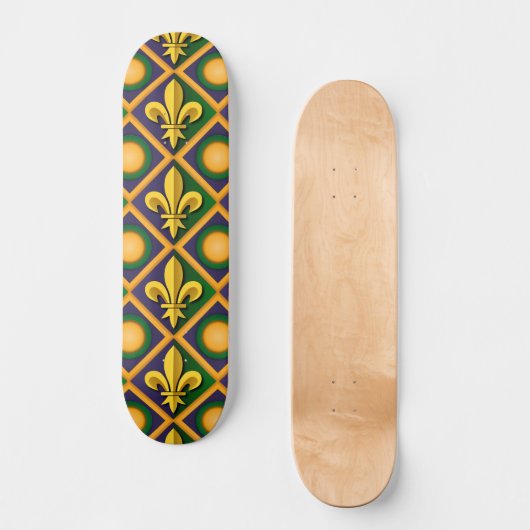 Mardi-Grasmuster mit goldenem Fleur-de-lis Skateboard (Vorderseite)
