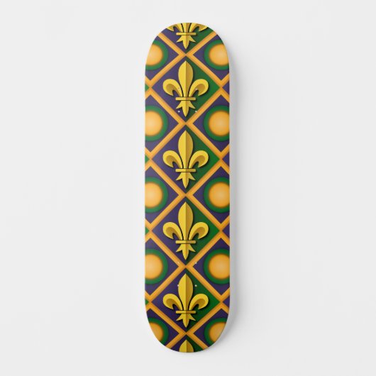 Mardi-Grasmuster mit goldenem Fleur-de-lis Skateboard (Vorderseite)