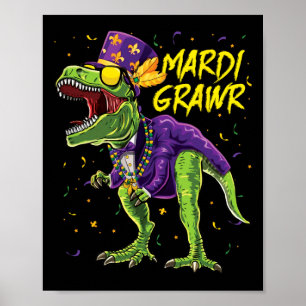 Mardi Grawr T-rex Dinosaur Dino Mardi Gras Kids Bo Poster