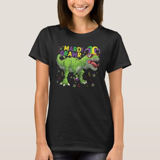 Mardi Grawr T Rex Dinosaur Mardi Gras Bead T-Shirt (Vorderseite)