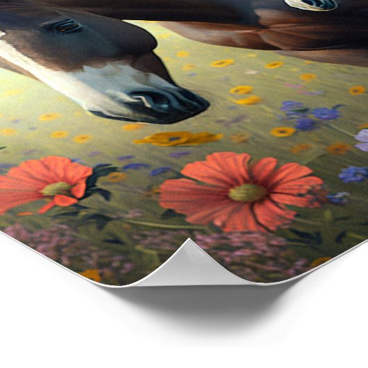 Mare and Foal in a field of Blume Poster (Ecke)