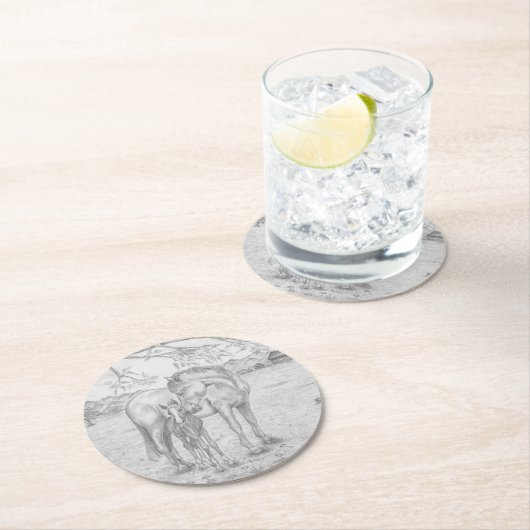 Mare und Fohlen Runder Pappuntersetzer (Vor Ort)