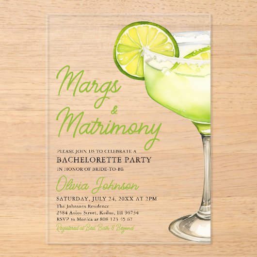 Margarita Margs & Matrimone Cocktail Bachelorette Acryleinladungen (Vorderseite)