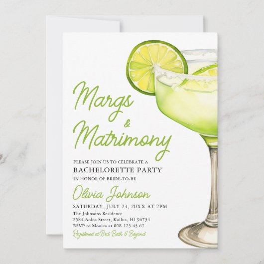 Margarita Margs & Matrimone Cocktail Bachelorette Einladung (Vorderseite)
