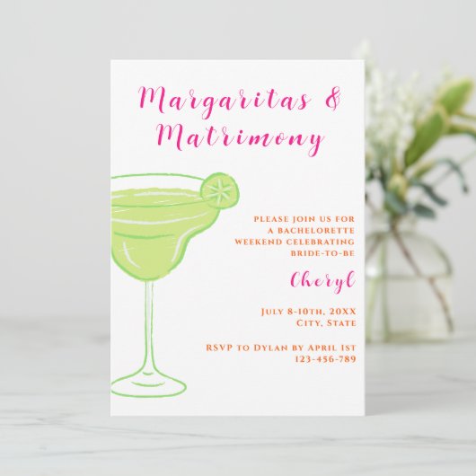 Margaritas And Matrimony Bachelorette Weekend Einladung (Stehend Vorderseite)