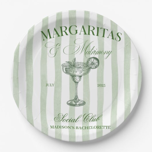 Margaritas and Matrimony Striped Bachelorette Pappteller (Vorderseite)