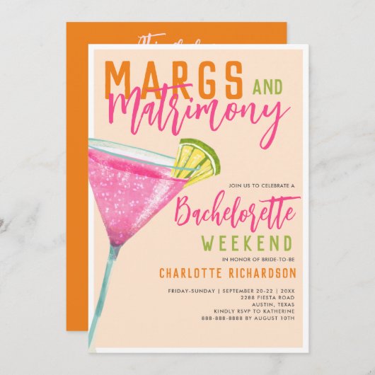 Margaritas Margs & Matrimont Bachelorette Weekend Einladung (Vorne/Hinten)
