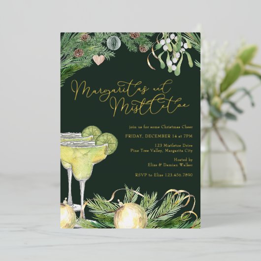 Margaritas und Mistletoe Cocktail Party Gold Folieneinladung (Stehend vorne)