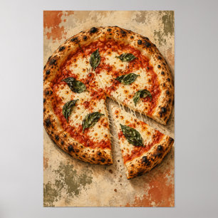 Margherita-Pizza mit frischem Basilikum – rustikal Poster