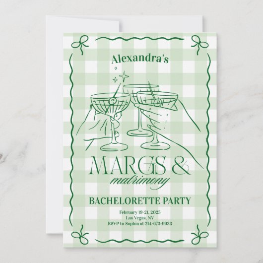 Margs and Matrimone Bachelorette Itinerary Einladung (Vorderseite)