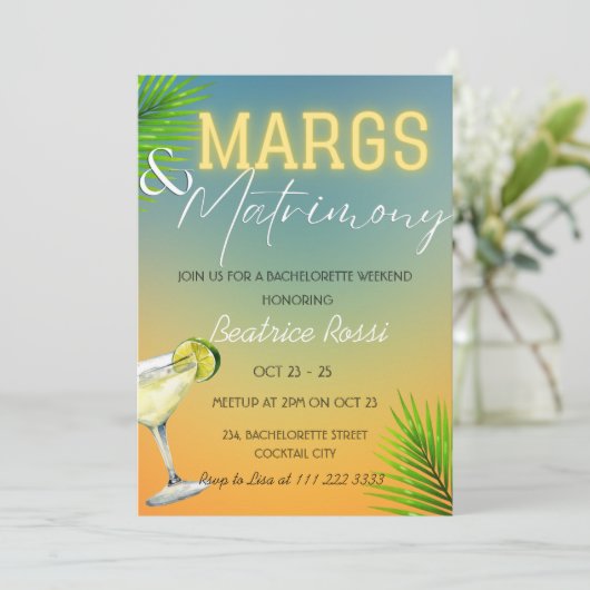 Margs and Matrimony Bachelorette Weekend Party Einladung (Stehend Vorderseite)