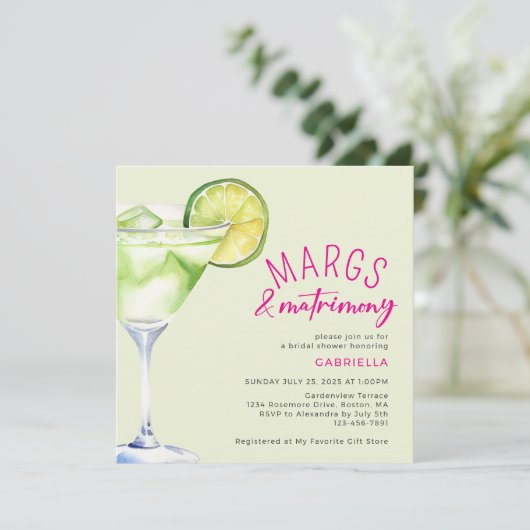Margs and Matrimony Lime Green Pink Brautparty Einladung (Stehend Vorderseite)