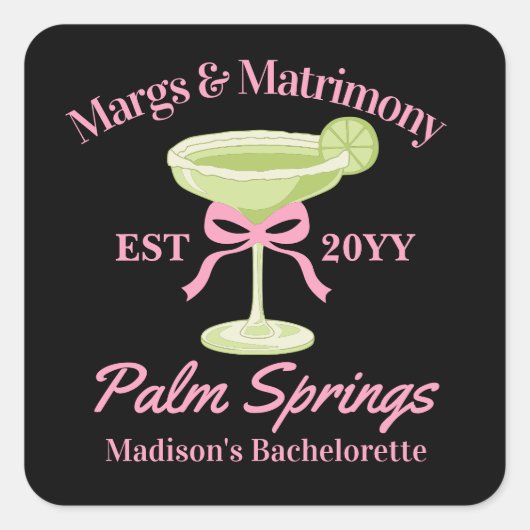 Margs and Matrimony Margaritas Junggeselinnen-Absc Quadratischer Aufkleber (Vorderseite)