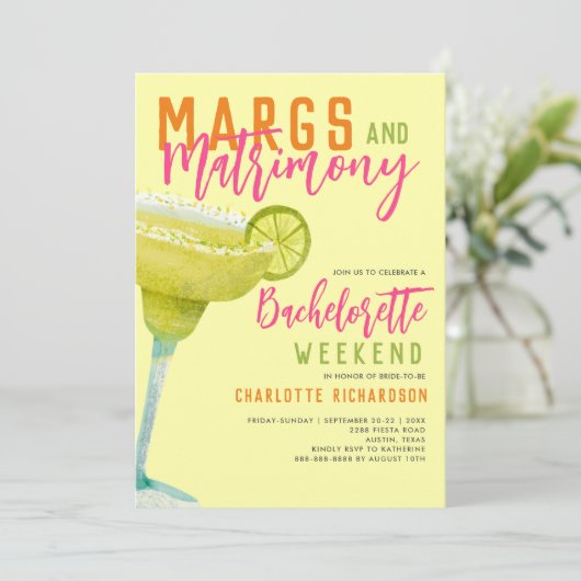 Margs & Matrimons Margaritas Bachelorette Weekend Einladung (Stehend Vorderseite)