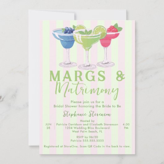 Margs & Matrimons Stripes QR Code-Brautparty Einladung (Vorderseite)