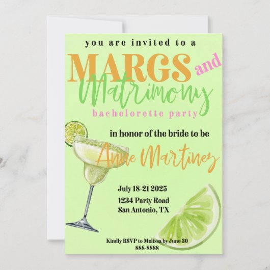 Margs & Matrimony Bachelorette Einladung (Vorderseite)