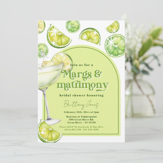 Margs & Matrimony Green Groovy Brautparty Einladung (Stehend Vorderseite)