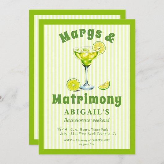 Margs & Matrimony lime green bachelorette Einladung (Vorne/Hinten)