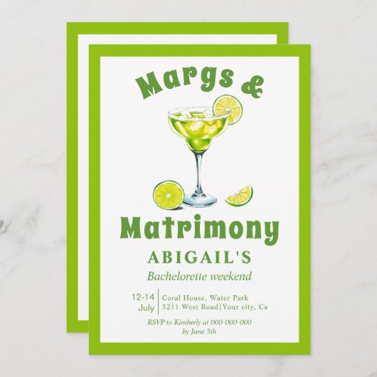 Margs & Matrimony lime green bachelorette Einladung (Vorne/Hinten)