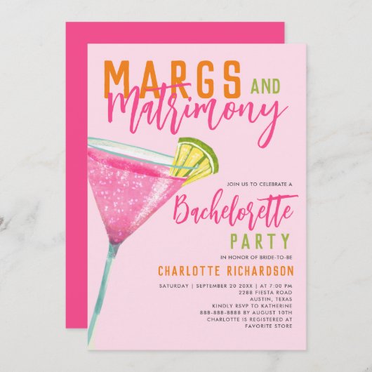 Margs & Matrimony Pink Margarita Bachelorette Bash Einladung (Vorne/Hinten)