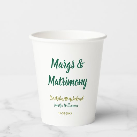 Margs und Ehe Name Datum Junggesellinnenabschied Pappbecher (Vorderseite)