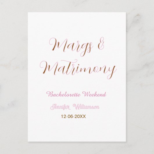 Margs und Ehe Name Datum Junggesellinnenabschied Postkarte (Vorderseite)