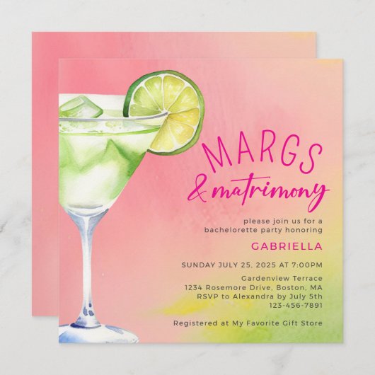 Margs und Matrimone Rosa Grüner Junggeselinnen-Abs Einladung (Vorne/Hinten)