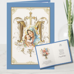 Maria Jesus Blumen-Schrift Blau Gold Karte