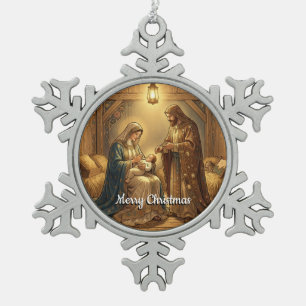 Maria, Josef und das Jesuskind in der Krippe Schneeflocken Zinn-Ornament