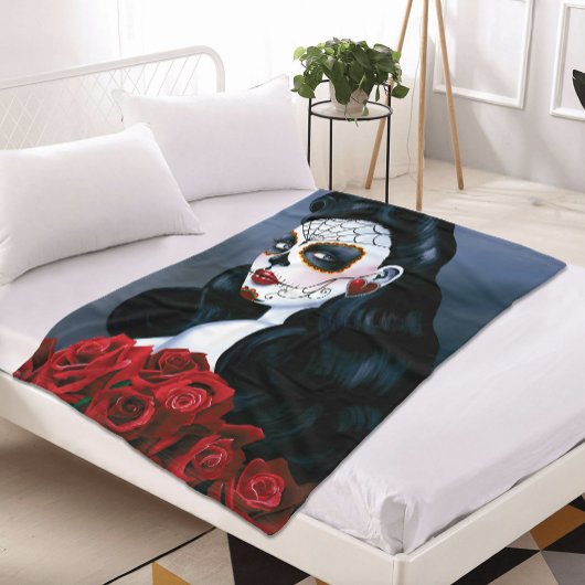 Maria Sugar Skull Rote Rosen Fleecedecke