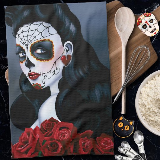 Maria Sugar Skull Rote Rosen Geschirrtuch