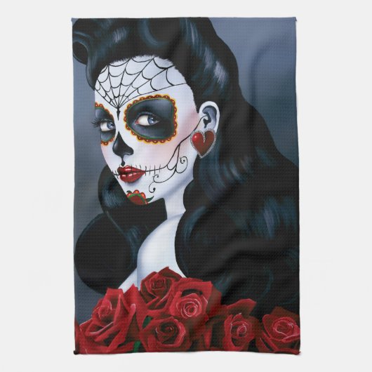 Maria Sugar Skull Rote Rosen Geschirrtuch (Vertikal)