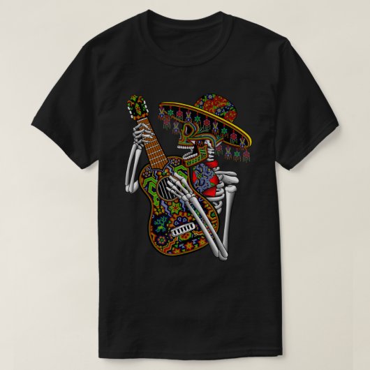 Mariachi Skeleton Gitarrenspiel Tag der Toten T-Shirt (Design vorne)