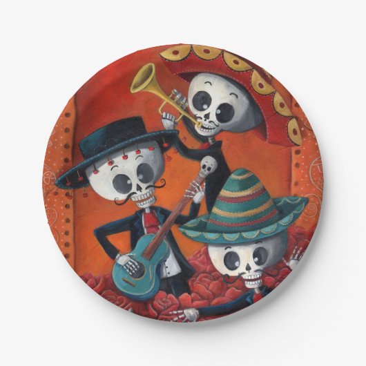 Mariachi-Trio Dia de Los Muertos Skeleton Pappteller (Vorderseite)