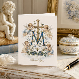 Marian Kreuz Cherub Engel Blaue Blüten Dankeskarte