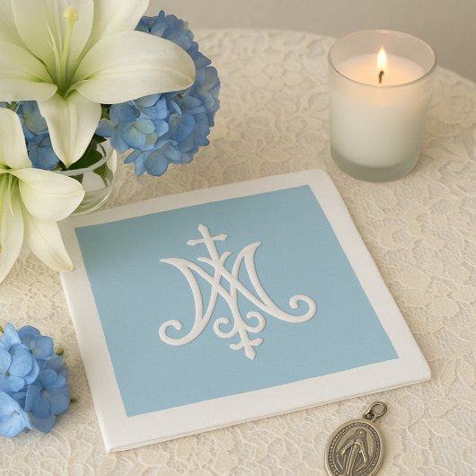 Marian Monogram Religious Katholic Blue White Serviette