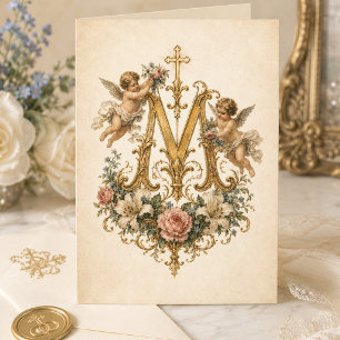 Marian Monogramm Cherubim Floral Katholisch Dankeskarte