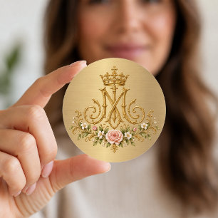Marianisch katholisches florales goldenes Monogram Runder Aufkleber
