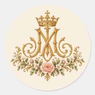 Marianisch katholisches florales goldenes Monogram Runder Aufkleber