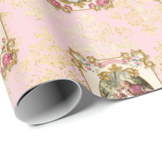 Marie Antoinette French Paris pink rococo roses ラッ Geschenkpapier (Rolleneckpunkt)