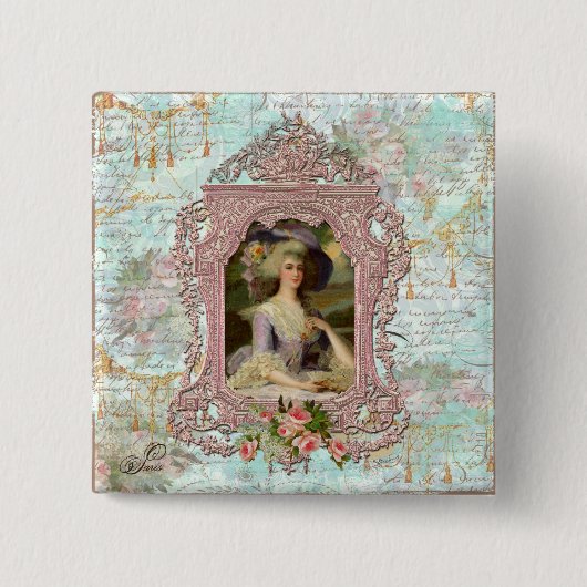 Marie Antoinette in rosa Rahmen Button (Vorderseite)