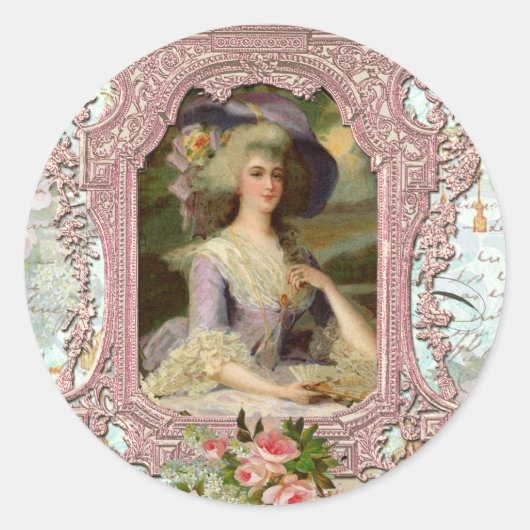 Marie Antoinette in rosa Rahmen Runder Aufkleber (Vorderseite)