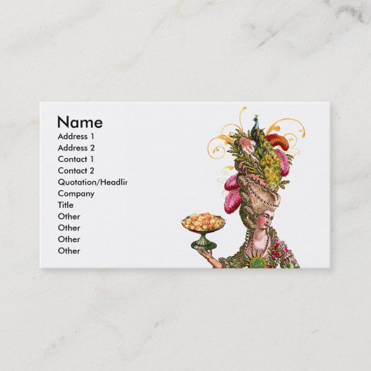 Marie Antoinette & Peacock Pastry Business Cards Visitenkarte (Vorderseite)