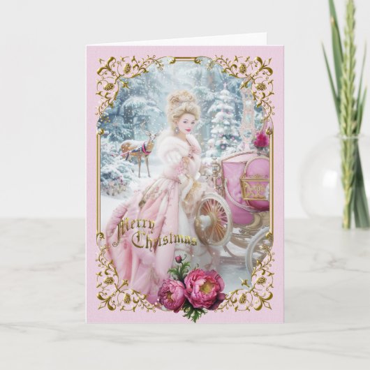 Marie Antoinette Pink carriage deer Christmas card Einladung (Vorderseite)