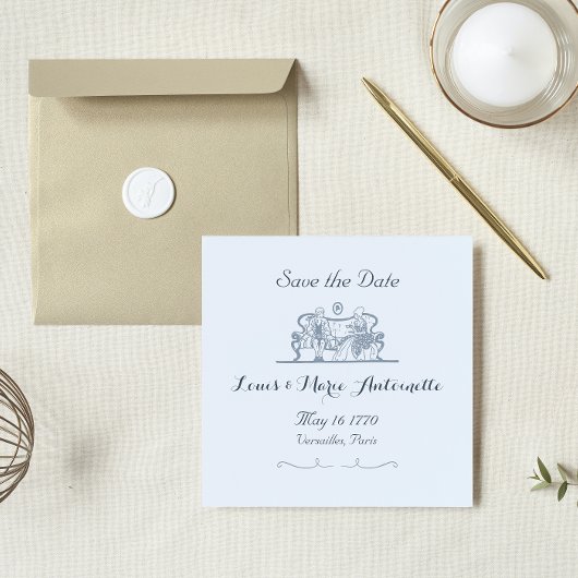 Marie Antoinette Rokoko Dusty Blue Save the Date Mitteilungskarte