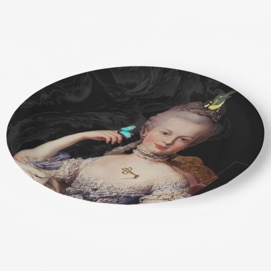 Marie Antoinette, schwarz mit Schloss und Schlüsse Pappteller (Schrägansicht)