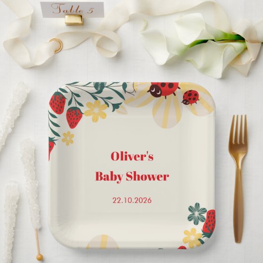 Marienkäfer & Erdbeere-Baby-Party Pappteller (Hochzeit)